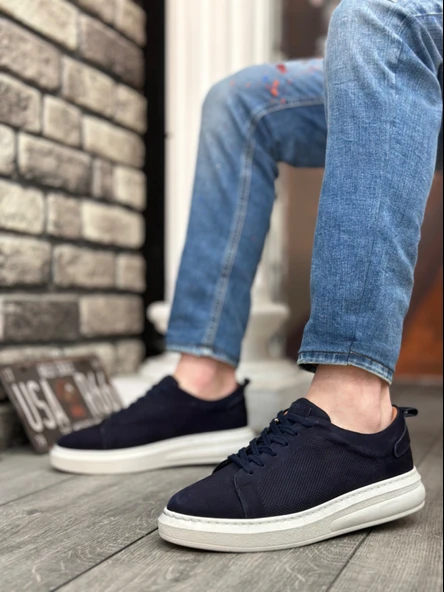 ET0336 İçi Dışı Hakiki Nubuk Deri Lacivert Bağcıklı Casual Erkek Ayakkabı - 2