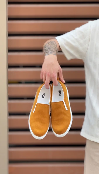 ET0339 Bağcıksız Kadife Hardal Beyaz Taban Günlük Erkek Ayakkabı - Resim 4