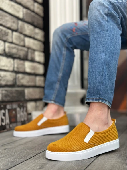 ET0339 Bağcıksız Kadife Hardal Beyaz Taban Günlük Erkek Ayakkabı - Resim 6