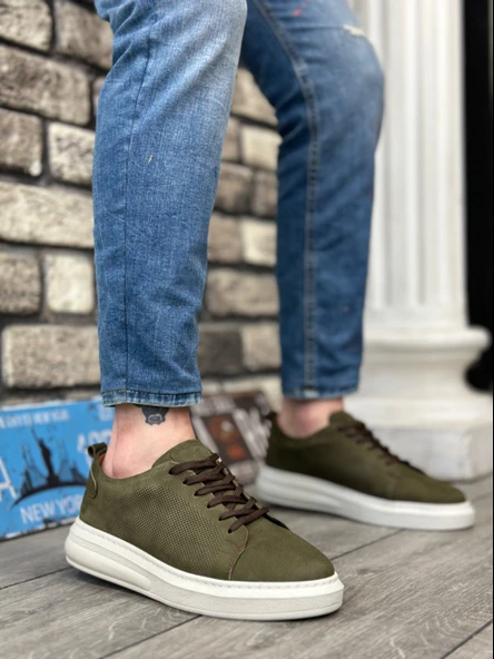 ET0336 İçi Dışı Hakiki Nubuk Deri Haki Bağcıklı Casual Erkek Ayakkabı