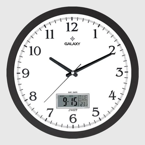 (T-1964-K) DUVAR SAATİ SİYAH ÇERÇEVELİ 35.5CM TAKVİMLİ TERMOMETRELİ HİGROMETRELİ ANALOG VE DİJİTAL G
