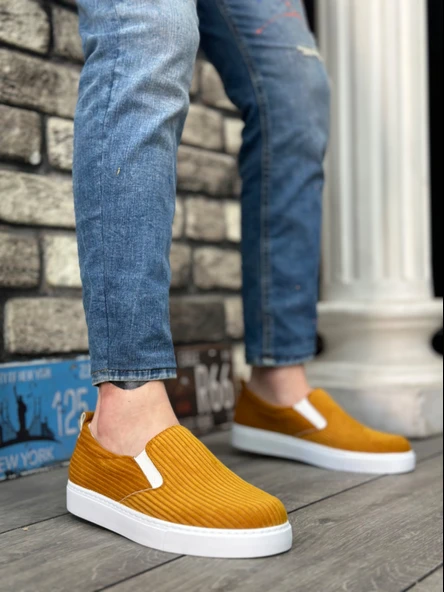 ET0339 Bağcıksız Kadife Hardal Beyaz Taban Günlük Erkek Ayakkabı - Resim 7