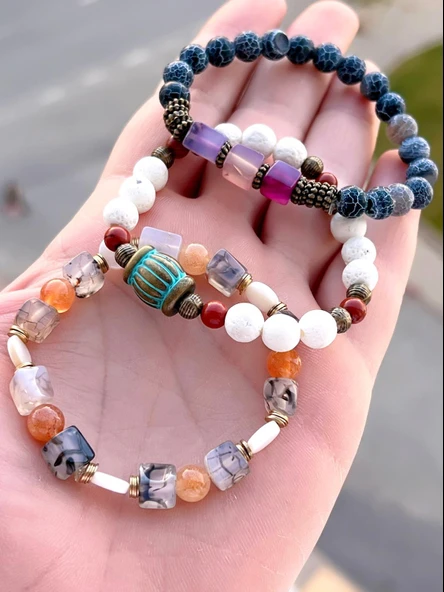 3.Lü Doğal Taş Damarlı Akik,Firuza Ve Jasper Taşı Doğaltaş Bileklik MDL189188187 - 3