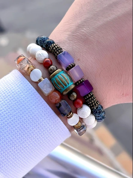 3.Lü Doğal Taş Damarlı Akik,Firuza Ve Jasper Taşı Doğaltaş Bileklik MDL189188187