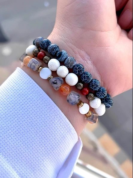 3.Lü Doğal Taş Damarlı Akik,Firuza Ve Jasper Taşı Doğaltaş Bileklik MDL189188187 - 2