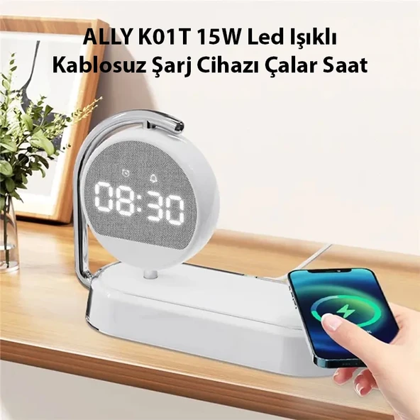 K01T 15W Led Işıklı Kablosuz Şarj Cihazı Çalar Saat (Beyaz) - 2