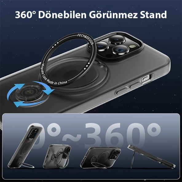 iPhone 14 Pro Max Magsafe Uyumlu 360 Dönebilen Standlı Manyetik Silikon Kılıf (Siyah) - 4