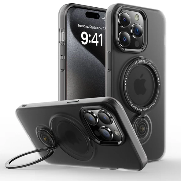 iPhone 15 Pro Max Magsafe Uyumlu 360 Dönebilen Standlı Manyetik Silikon Kılıf (Siyah)