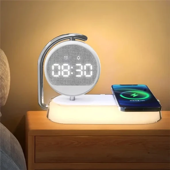 K01T 15W Led Işıklı Kablosuz Şarj Cihazı Çalar Saat (Beyaz) - 5