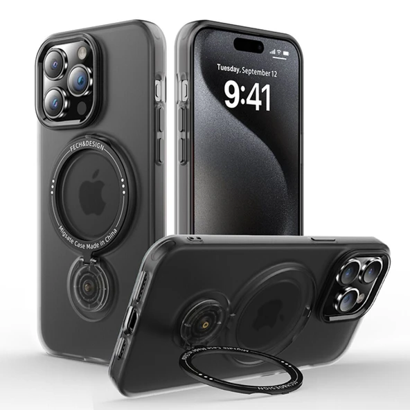 iPhone 15 Pro Max Magsafe Uyumlu 360 Dönebilen Standlı Manyetik Silikon Kılıf (Siyah) - 2