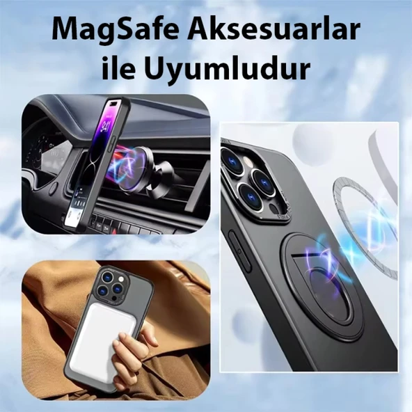 iPhone 14 Pro Max Magsafe Uyumlu Standlı Manyetik Silikon Kılıf (Siyah) - 2