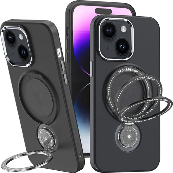 iPhone 14 Magsafe Uyumlu 360 Dönebilen Standlı Manyetik Silikon Kılıf (Siyah)