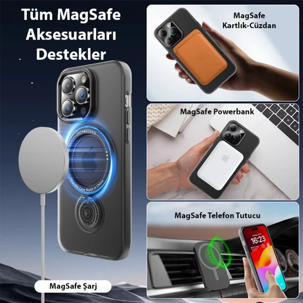 iPhone 15 Pro Max Magsafe Uyumlu 360 Dönebilen Standlı Manyetik Silikon Kılıf (Siyah) - 5
