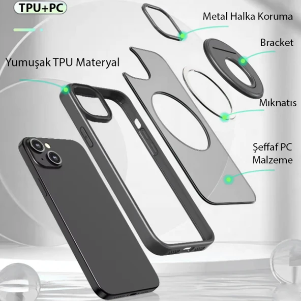 iPhone 15 Plus Magsafe Uyumlu Standlı Manyetik Silikon Kılıf (Siyah) - 5