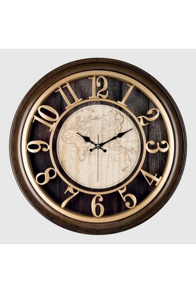 DUVAR SAATİ KAHVERENGİ ÇERÇEVELİ İÇİ KAHVE-KAKREM HARİTALI 45CM KABARTMA RAKAMLI+SELEFON KORUMALI