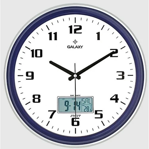 Duvar Saati Lacivert-gri Çizgi Çerçeveli 35.5cm Takvimli Termometreli Higrometreli Analog Ve Dijital