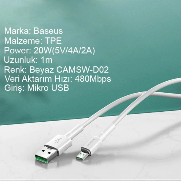Baseus Mini White Micro USB 4A OPPO VIVO Dash Usb Şarj Kablosu 1Metre (Beyaz) - 3