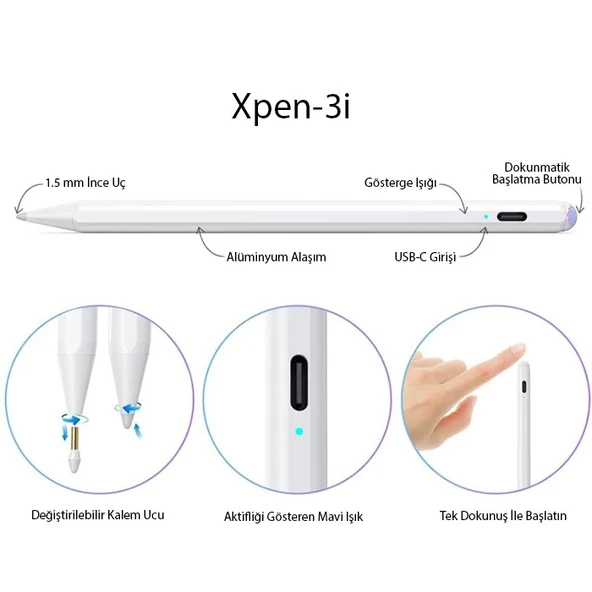 Xpen-3i iPad(2018-2022) Aktif Manyetik Kapasitif Stylus Kalem (Beyaz) - 4