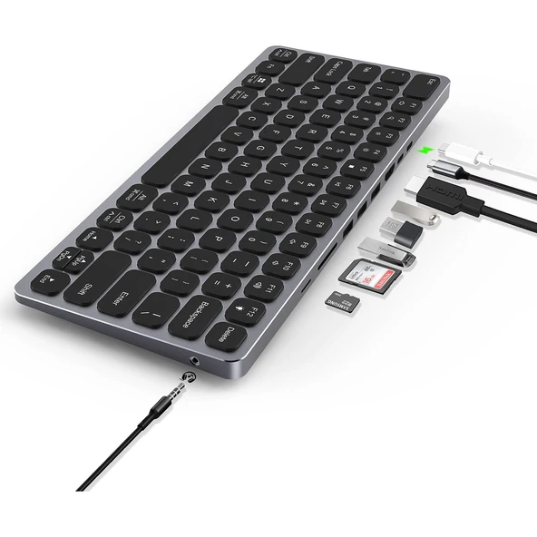 BX-keyhub01 9in1 HUB Özellikli Çok Fonksiyonlu Kablolu Klavye 3x USB 3.0+4K HDMI+PD+Micro SD+3,5mm Aux Mic Girişli ürün görseli 1