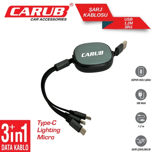 CARUB Şarj Kablosu Geri Çekilebilir Usb 1.2m 3in 1