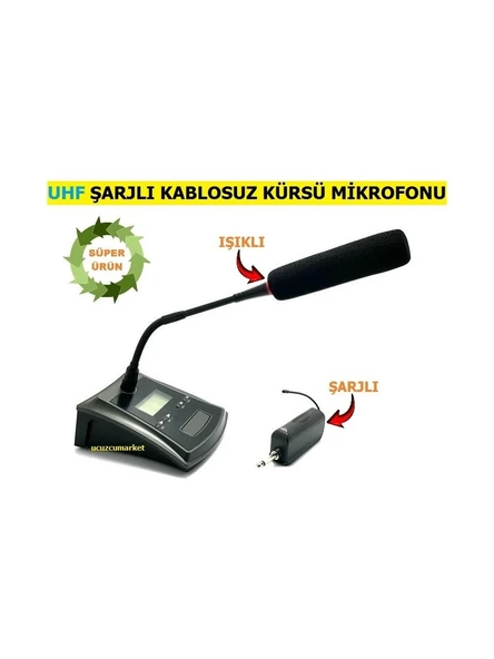 Uhf Telsiz Kablosuz Kürsü Mikrofonu (Şarjlı - Işıklı - Yüksek Kalite Ses)
