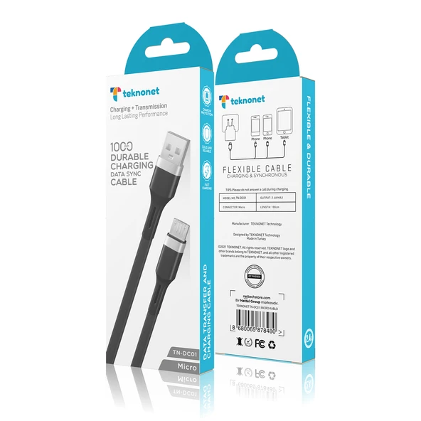 Teknonet TN-DC01 Plastik 100 Cm Micro Şarj ve Data Kablosu (Siyah) - 3
