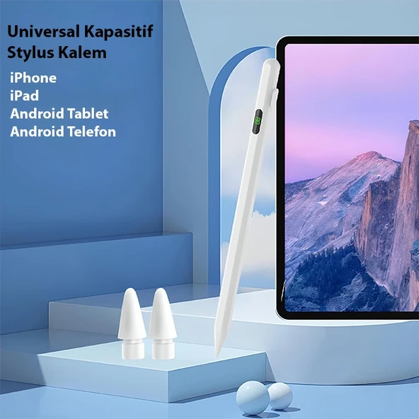 K-2268 Dijital Göstergeli Universal Kapasitif Stylus iPad Tablet Dokunmatik Kalem (Beyaz) - 2