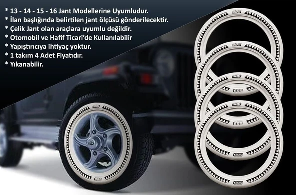 Universal 13 Jant B-B-S Testere Lastik Yanağı Beyaz Renk 1 Takım 4 Adet - 2