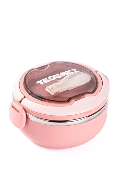 TEDEMEI PEMBE PASLANMAZ ÇELİK KAŞIKLI YEMEK TAŞIMA KABI 700ML