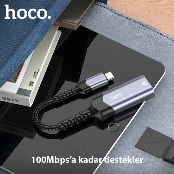 Hoco UA26 Type-c OTG RJ45 İnternet Adaptörü Dönüştürücü 100 Mbps (Gri) - 3
