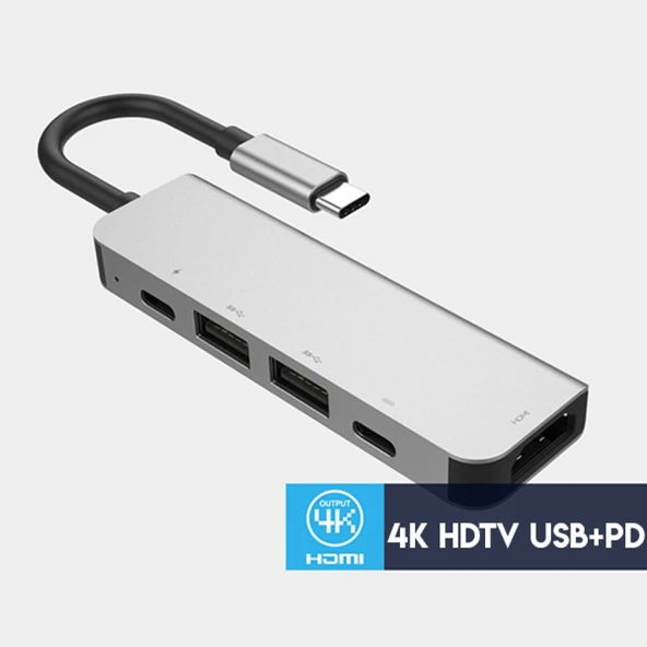 Usb Type-C to 5in1 Hdtv 2xUSB+2x PD Hub Adaptör Çoklayıcı (Gri) - 2