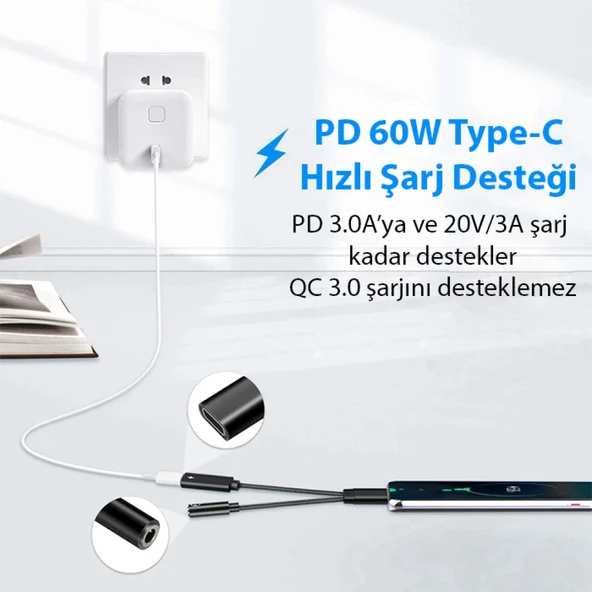 İphone 15 İçin Type-c Şarj + 3.5mm kulaklık 2İn1 Çevirici Adaptör (Siyah) - 2