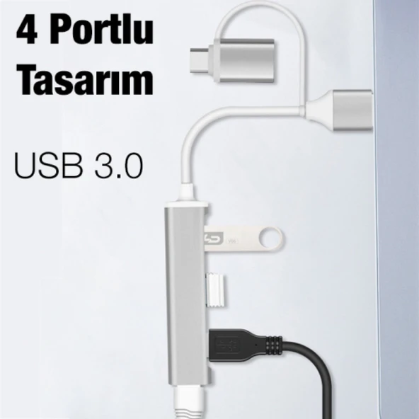 A-806 4in1 Type-C + USB Girişli USB 3.0 Çoğaltıcı Hub Adaptör Çevirici (Gri) - 2