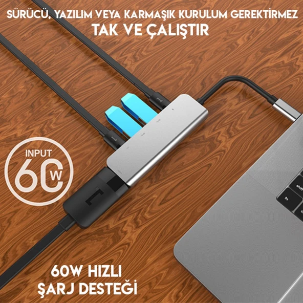 Usb Type-C to 5in1 Hdtv 2xUSB+2x PD Hub Adaptör Çoklayıcı (Gri) - 6