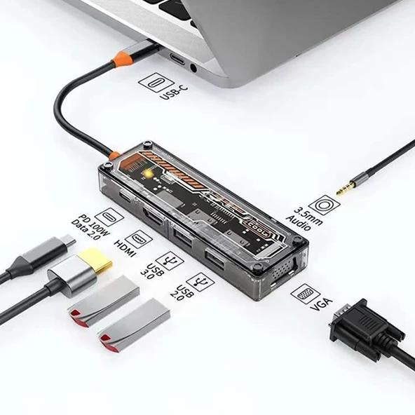 6in1 Type-c To USB3.0 + USB2.0 + Type-c PD 100W + HDMI + VGA + 3.5mm Çoğaltıc Transparanı Hub - 2