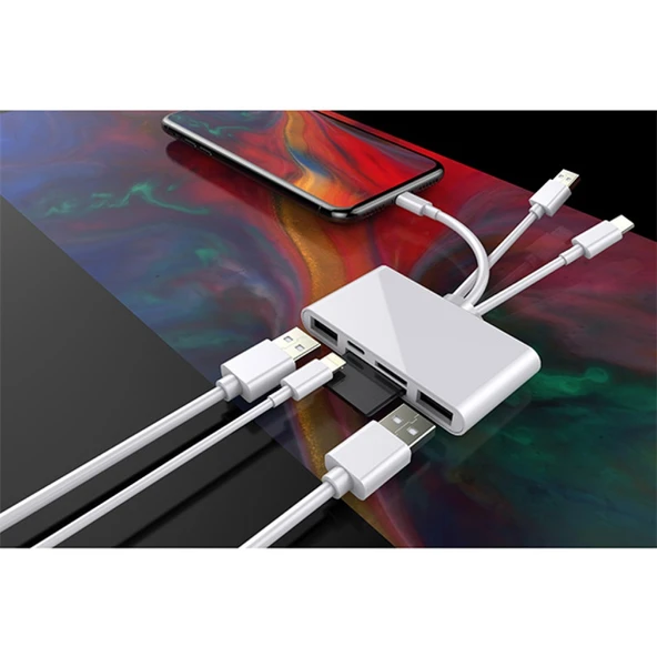 3 İN1 İPhone+Usb C+ Usb A Kamera Okuyucu Kart Okuyucu (Beyaz) - 5