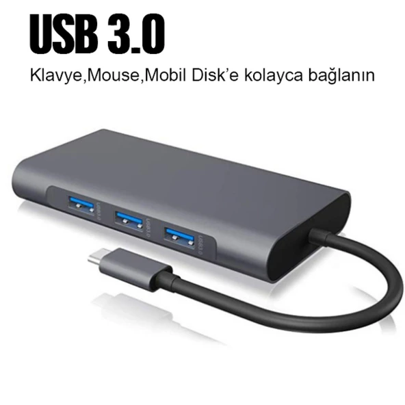 10 İN 1 HDMI VGA RJ45 PD USB 3.0 HUB Adaptör Çoklayıcı (Gri) - 4