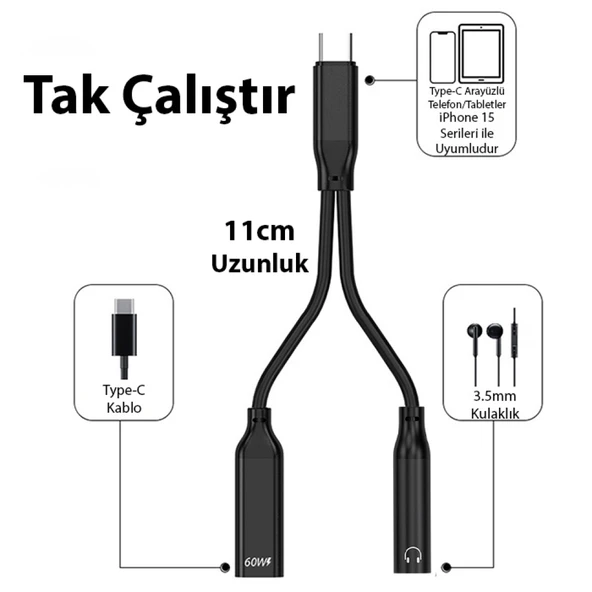 İphone 15 İçin Type-c Şarj + 3.5mm kulaklık 2İn1 Çevirici Adaptör (Siyah) - 4