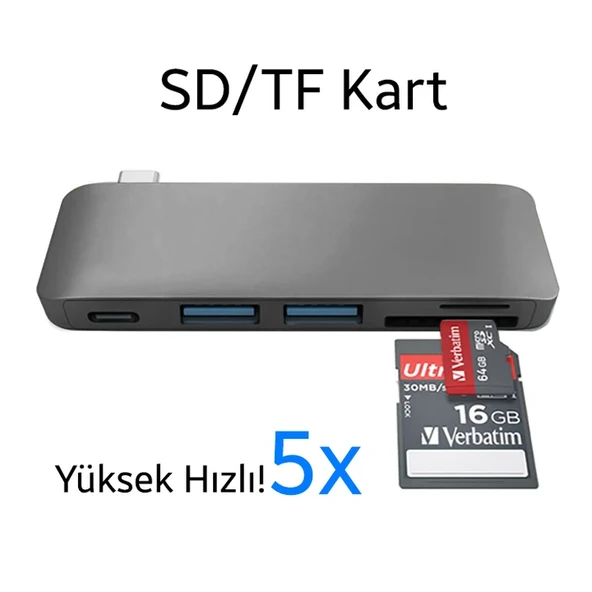 5in1 Usb-C Hub 3.0 Type-C Şarj Kart Okuyucu Type-C Adaptör (Gri) - 4