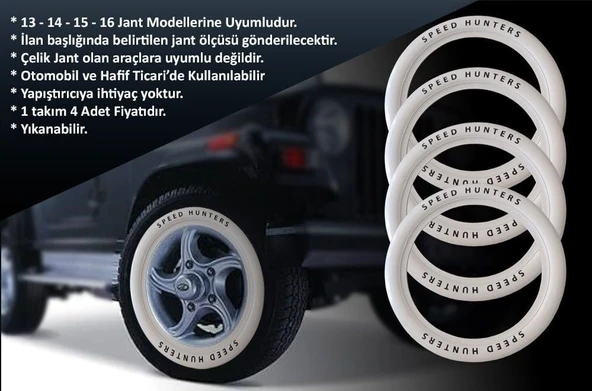 Universal 13 Jant Speed Hunters Lastik Yanağı Beyaz Renk 1 Takım 4 Adet - 2