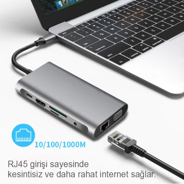 10 İN 1 HDMI VGA RJ45 PD USB 3.0 HUB Adaptör Çoklayıcı (Gri) - 3