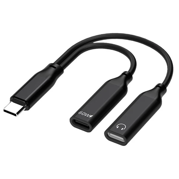 İphone 15 İçin Type-c Şarj + kulaklık 2İn1 Çevirici Adaptör 60W (Siyah)