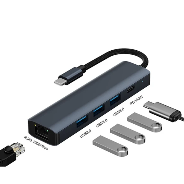 BYL-2302 5 IN 1 Type-C To USB Dönüştürücü Çoğaltıcı Hub (Füme) - 2