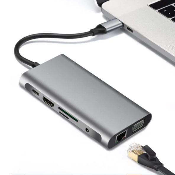 10 İN 1 HDMI VGA RJ45 PD USB 3.0 HUB Adaptör Çoklayıcı (Gri) - 5