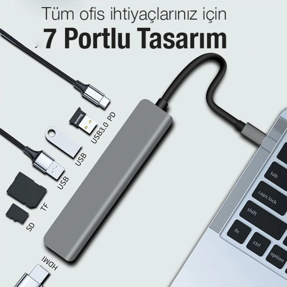 7in1 USB 3.1 HDMI 4K 30HZ 2K 1080P Type-C HUB Adaptör Dönüştürücü (Füme) - 4