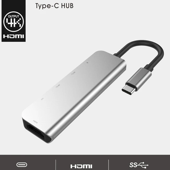 Usb Type-C to 5in1 Hdtv 2xUSB+2x PD Hub Adaptör Çoklayıcı (Gri) - 4