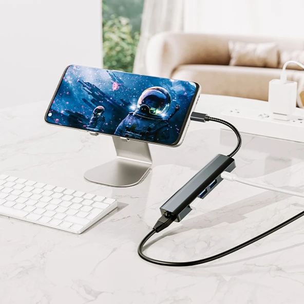 BYL-2302 5 IN 1 Type-C To USB Dönüştürücü Çoğaltıcı Hub (Füme) - 5
