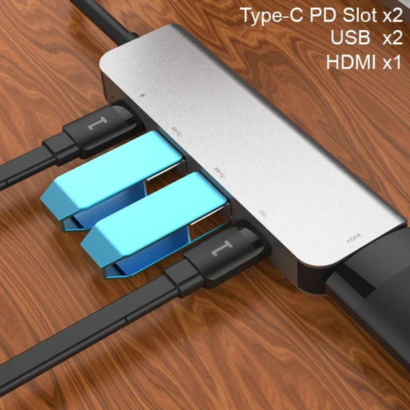 Usb Type-C to 5in1 Hdtv 2xUSB+2x PD Hub Adaptör Çoklayıcı (Gri) - 5