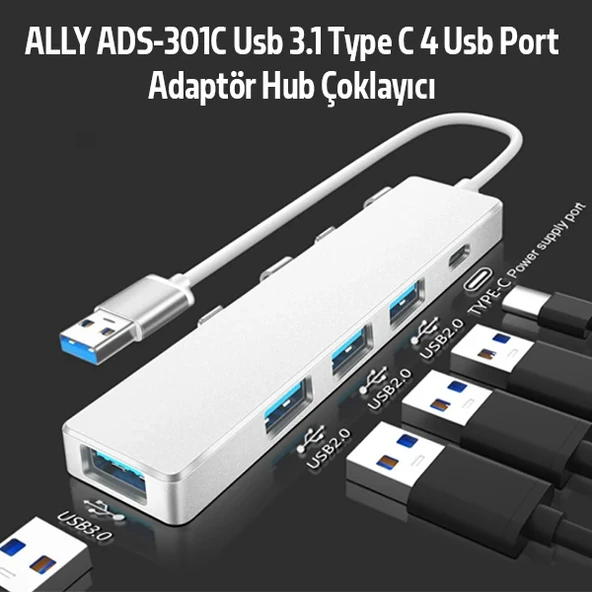 ADS-301A USB 3.0 to Type-C + USB 3.0 / 2.0 4-Port Hub Çoklayıcı Adaptör (Füme) - 3
