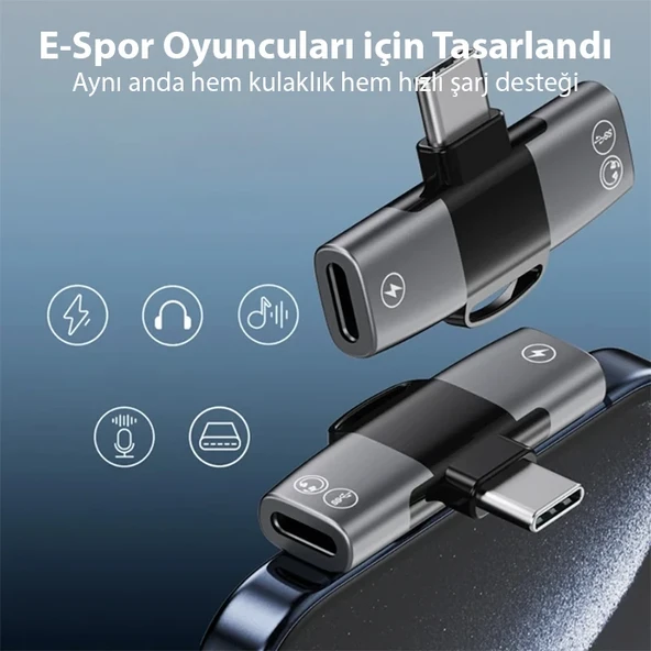 Mini 2in1 Type-c to Type-C Kulaklık + Şarj Adaptöru (Siyah) - 5